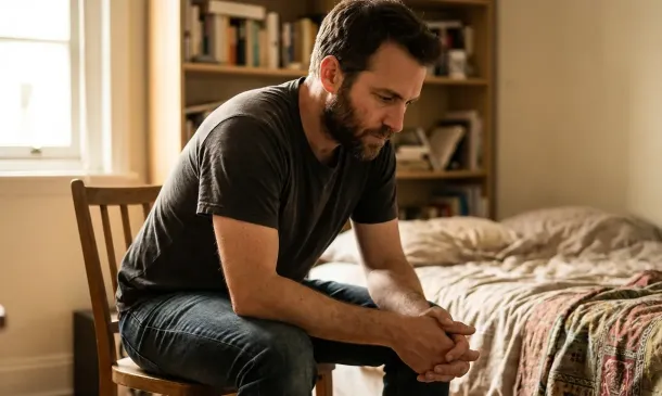 Homem pensativo sentado na cama em um quarto com livros na estante ao fundo, ressaltando a reflexão e o bem-estar mental.