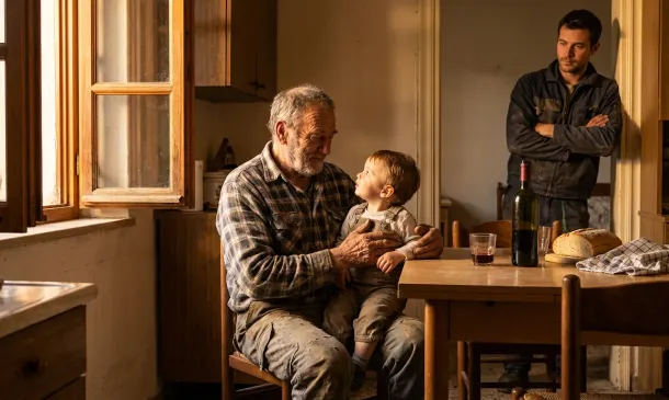 Cena emotiva de uma família em uma cozinha rústica, com avô, pai e filho, destacando o amor e a conexão familiar em um ambiente acolhedor.