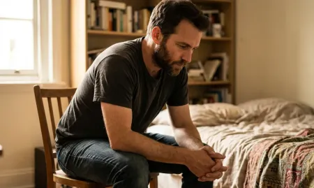 Homem pensativo sentado na cama em um quarto com livros na estante ao fundo, ressaltando a reflexão e o bem-estar mental.