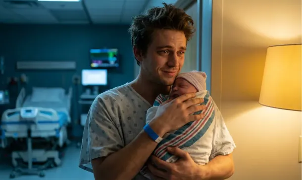 Homem com expressão de emoção segurando um bebê recém-nascido em um hospital, transmitindo esperança e alegria no momento do nascimento.