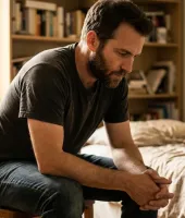 Homem pensativo sentado na cama em um quarto com livros na estante ao fundo, ressaltando a reflexão e o bem-estar mental.