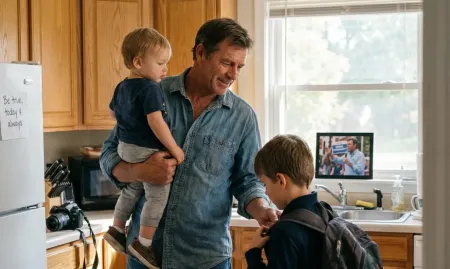 Imagem de um pai brincando com seus filhos na cozinha, rindo e se divertindo juntos durante um momento de afeto familiar.