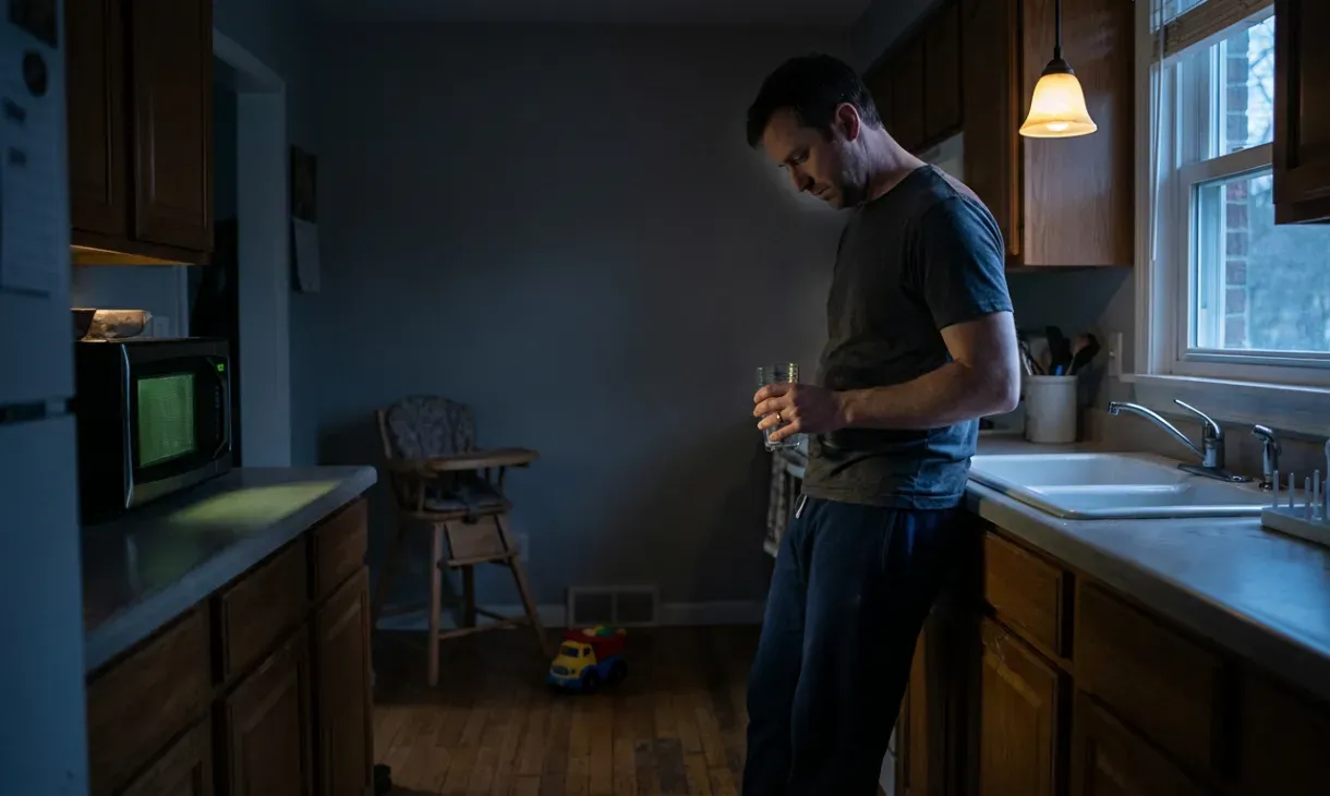 Homem pensativo na cozinha, segurando um copo de água, ambiente com iluminação suave da manhã ou fim de tarde, mostrando uma rotina diária.