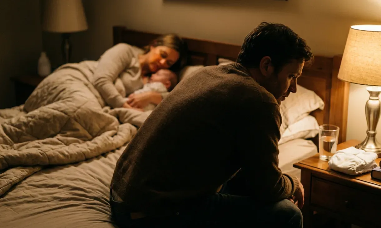 Cena de uma mulher triste segurando um bebê na cama, enquanto um homem triste sentado ao lado, em um quarto com iluminação suave e ambiente acolhedor.