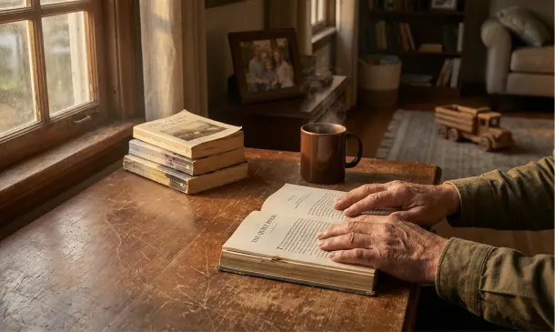 Pessoa idosa lendo um livro em um ambiente aconchegante, com várias estantes ao fundo e uma xícara de café na mesa de madeira ao lado.