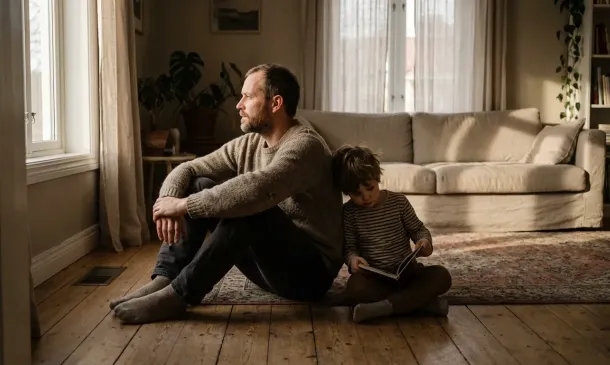 Pai e filho sentados no chão da sala, compartilhando um momento de reflexão e tranquilidade em um ambiente acolhedor.