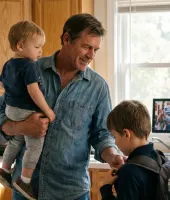 Imagem de um pai brincando com seus filhos na cozinha, rindo e se divertindo juntos durante um momento de afeto familiar.