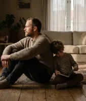 Pai e filho sentados no chão da sala, compartilhando um momento de reflexão e tranquilidade em um ambiente acolhedor.